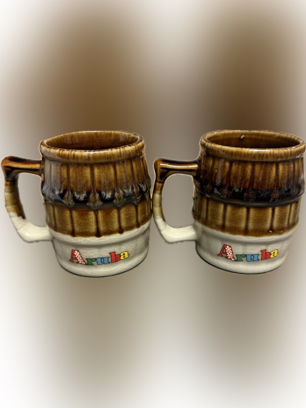 Two (2) Vintage Aruba drip-glaze travel souvenir mugs | 10 oz